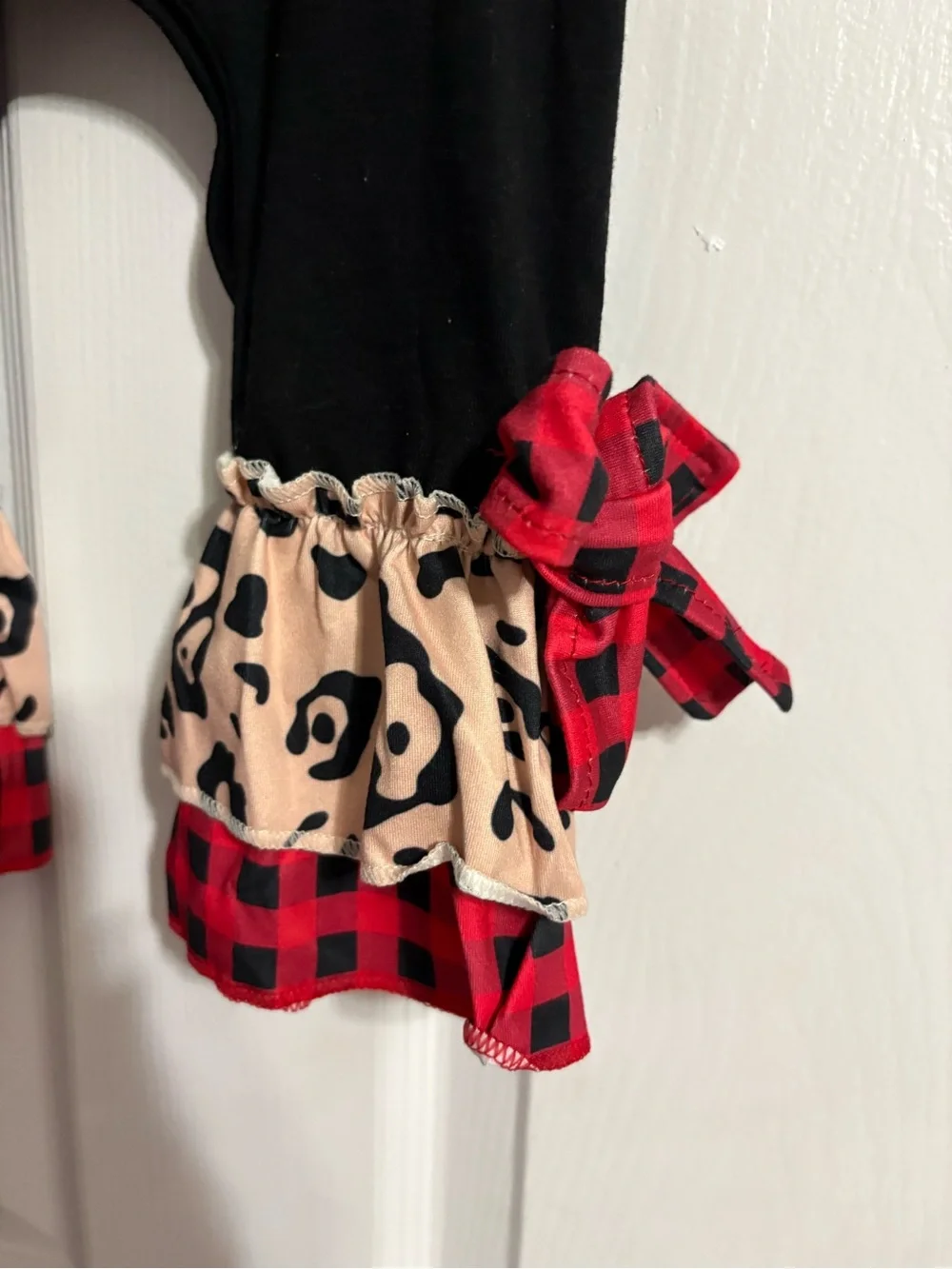 Black Baby Reindeer Romper with Red Bow & Plaid Ruffles size 2 t